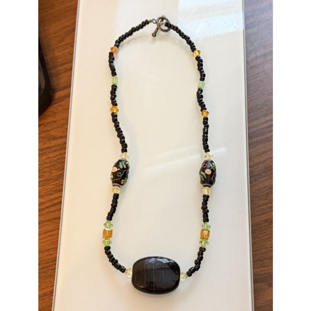 VINTAGE Agate Gemstone Beaded Statement Necklace 18” Black 3272-22